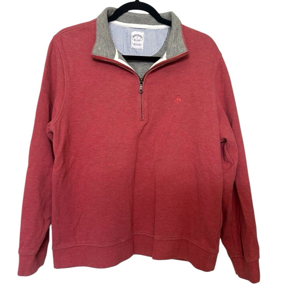 Brooks Brother Mens 1/4 Zip Sweatshirt Salmon Knit Mock Neck Cotton Blend M
